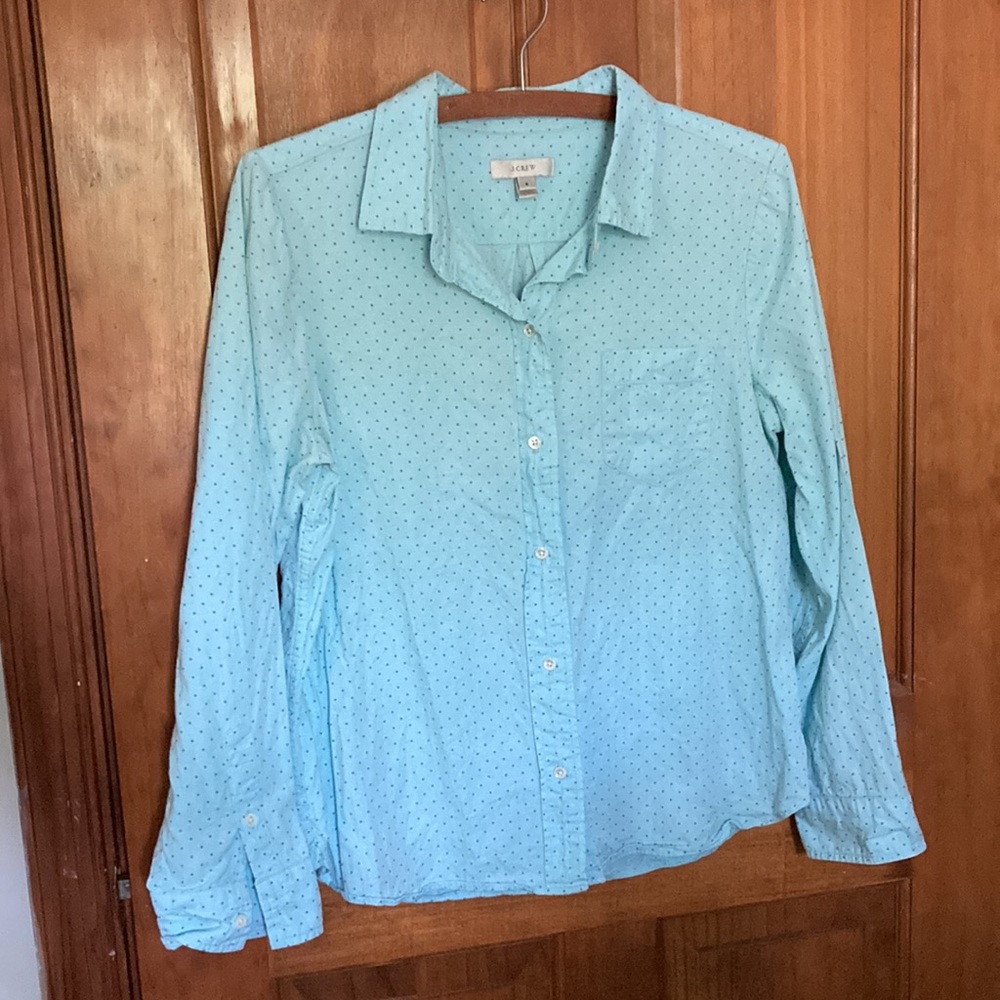 J crew women’s blouse button up light blue with green polka dots